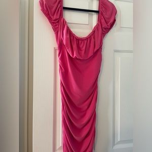 Pink ruched midi dress
